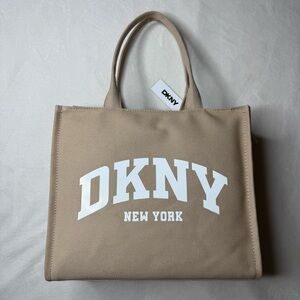 DKNY New York Hadlee Large Tote Canvas Brown Beige Bag White Logo